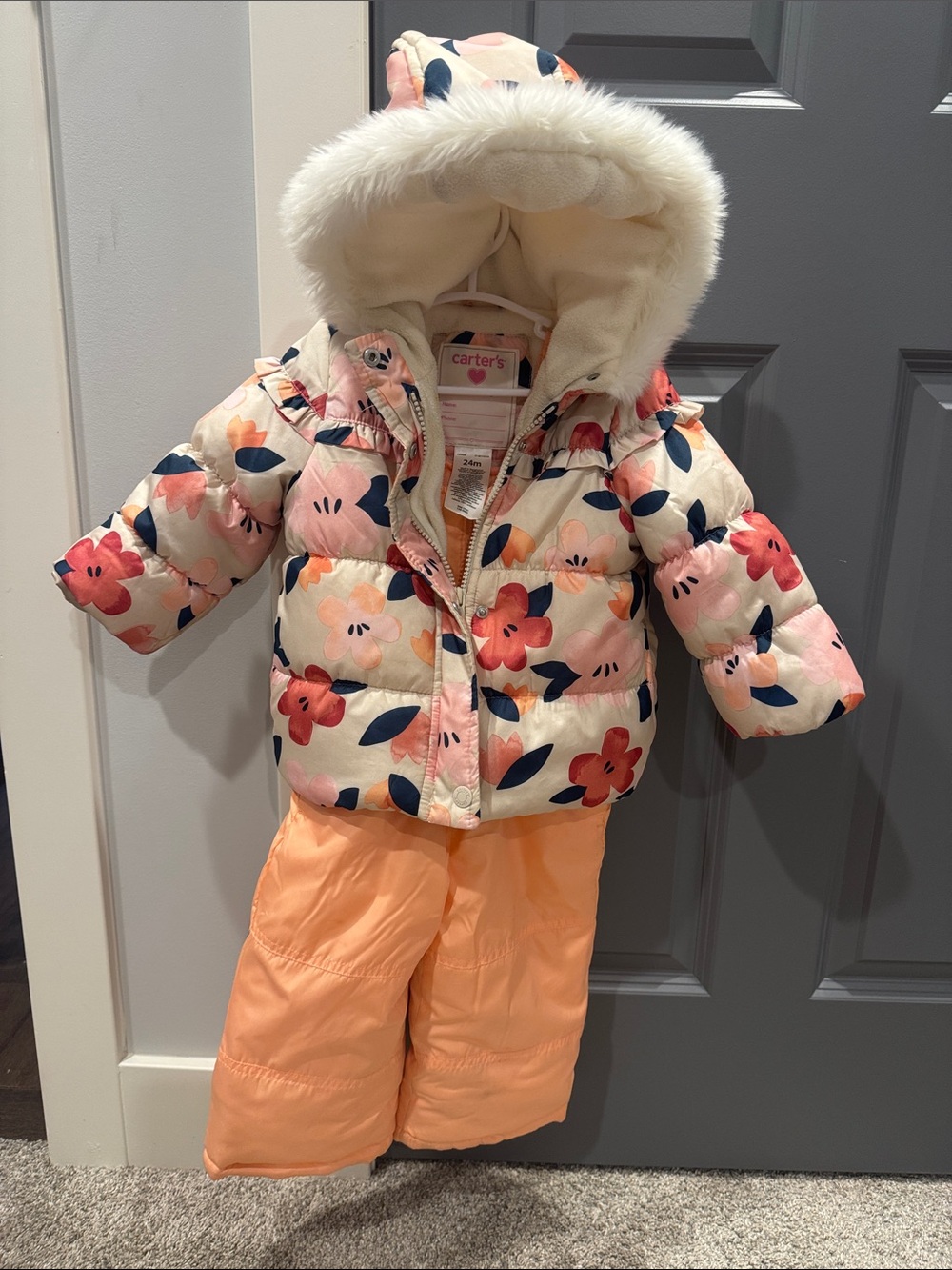 Carter's Cream Floral Puffer Jacket with Peach Snow Pants